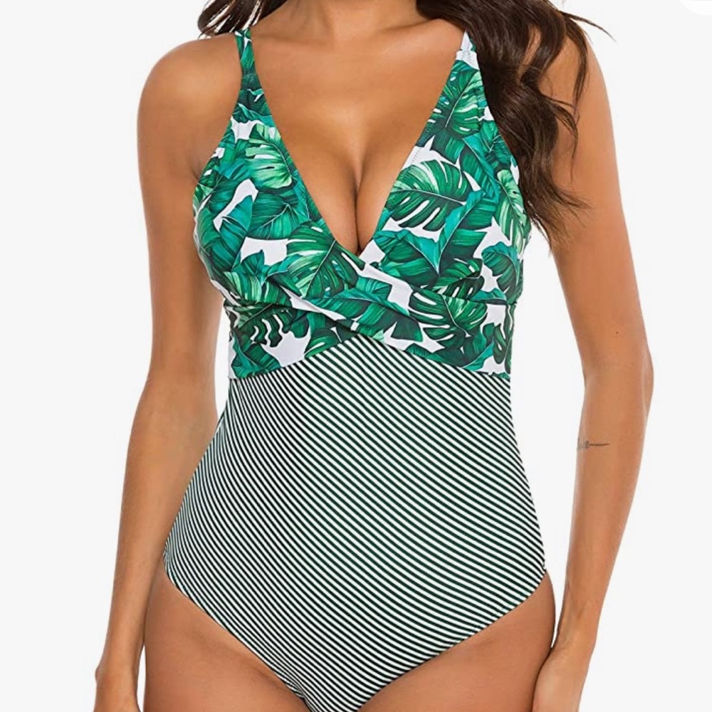 NWT B2PRITY Green Stripe Leaf Tropical Faux Wrap One Piece V-Neck Swimsuit